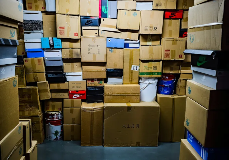 Boxes stacked in a storage area